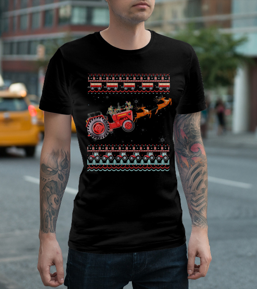 Ugly Christmas Tractor Sleigh With Reindeer And Snowflakes T-Shirt