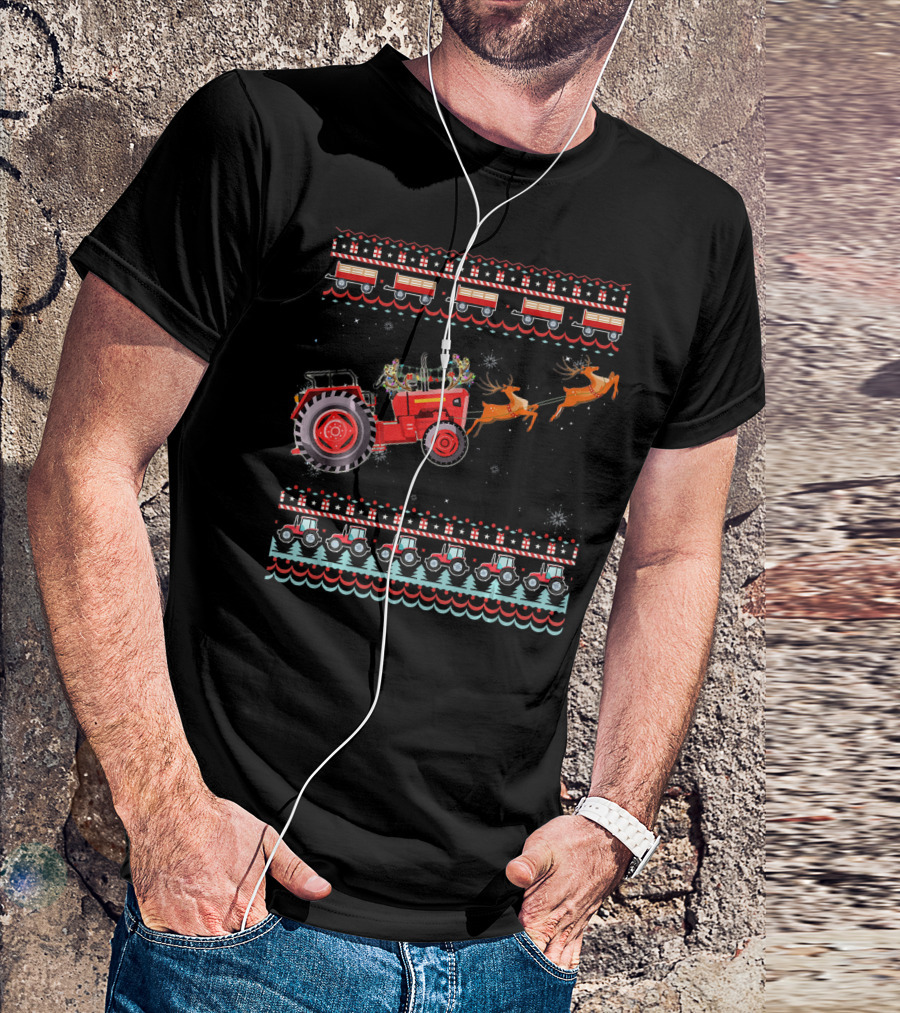 Ugly Christmas Tractor Sleigh With Reindeer And Snowflakes T-Shirt