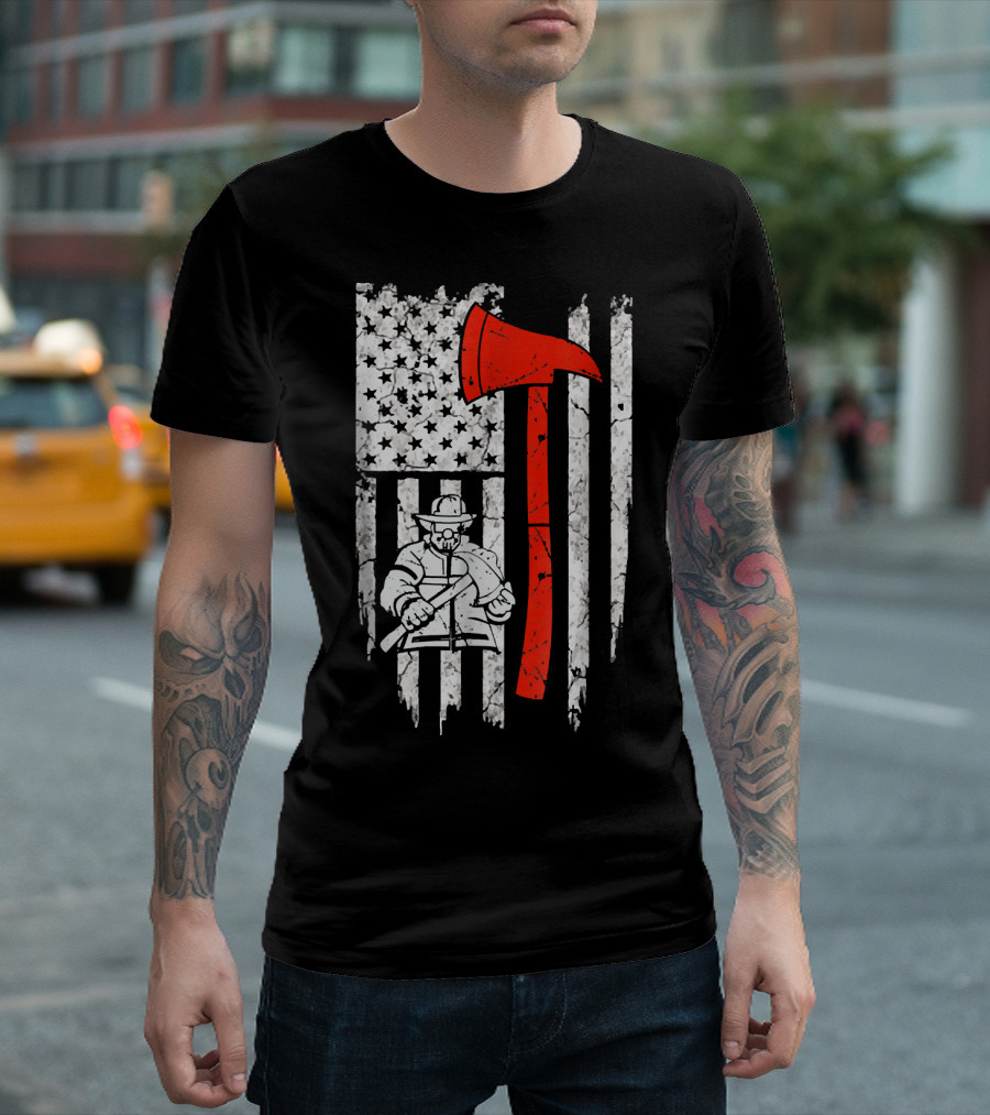 Firefighter Thin Red Line USA Flag With Axe And Fireman T-Shirt