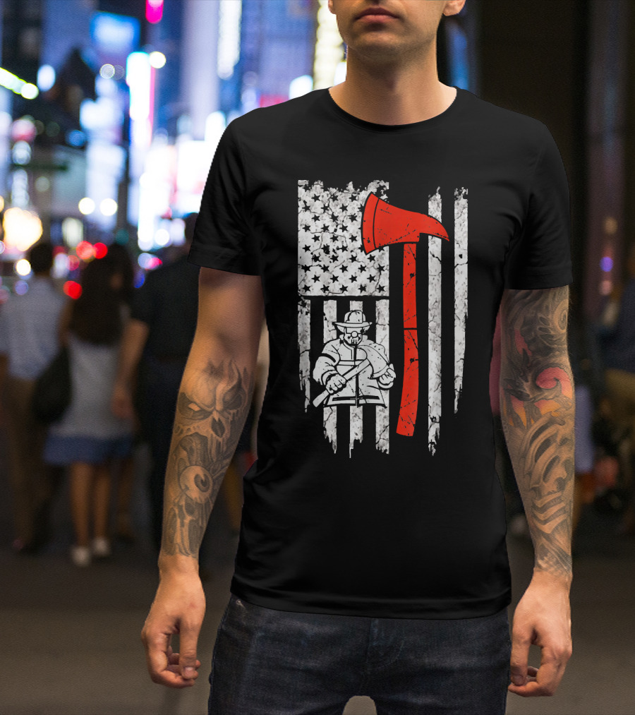 Firefighter Thin Red Line USA Flag With Axe And Fireman T-Shirt