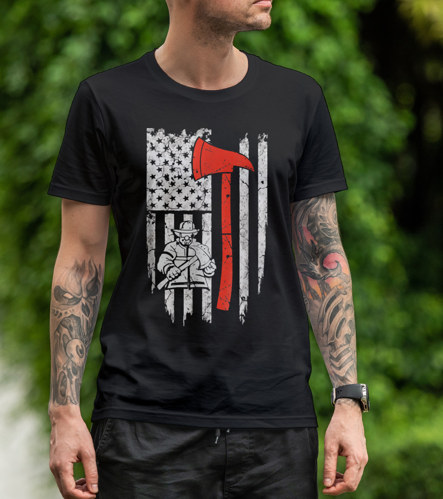 Firefighter Thin Red Line USA Flag With Axe And Fireman T-Shirt