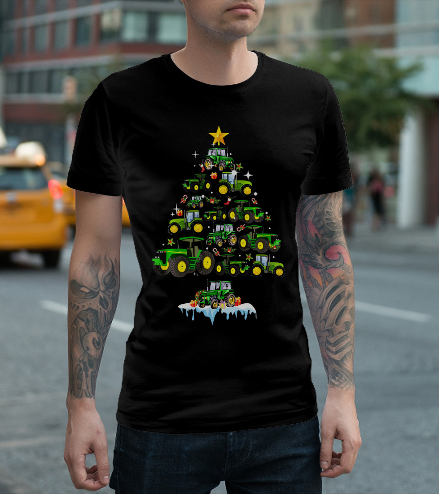 Tractor Christmas Tree Stacked Pattern with Star and Gifts T-Shirt