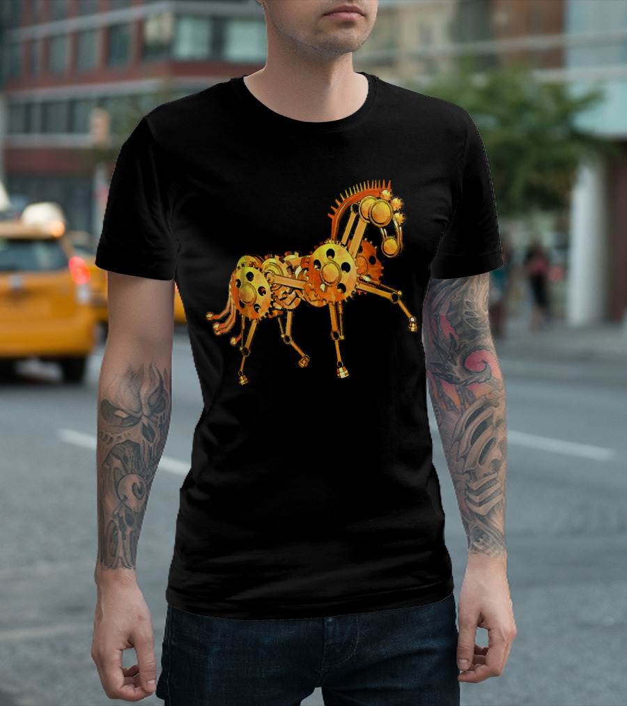 Steampunk Rusty Vintage Mechanic Horse Gears Orange T-Shirt
