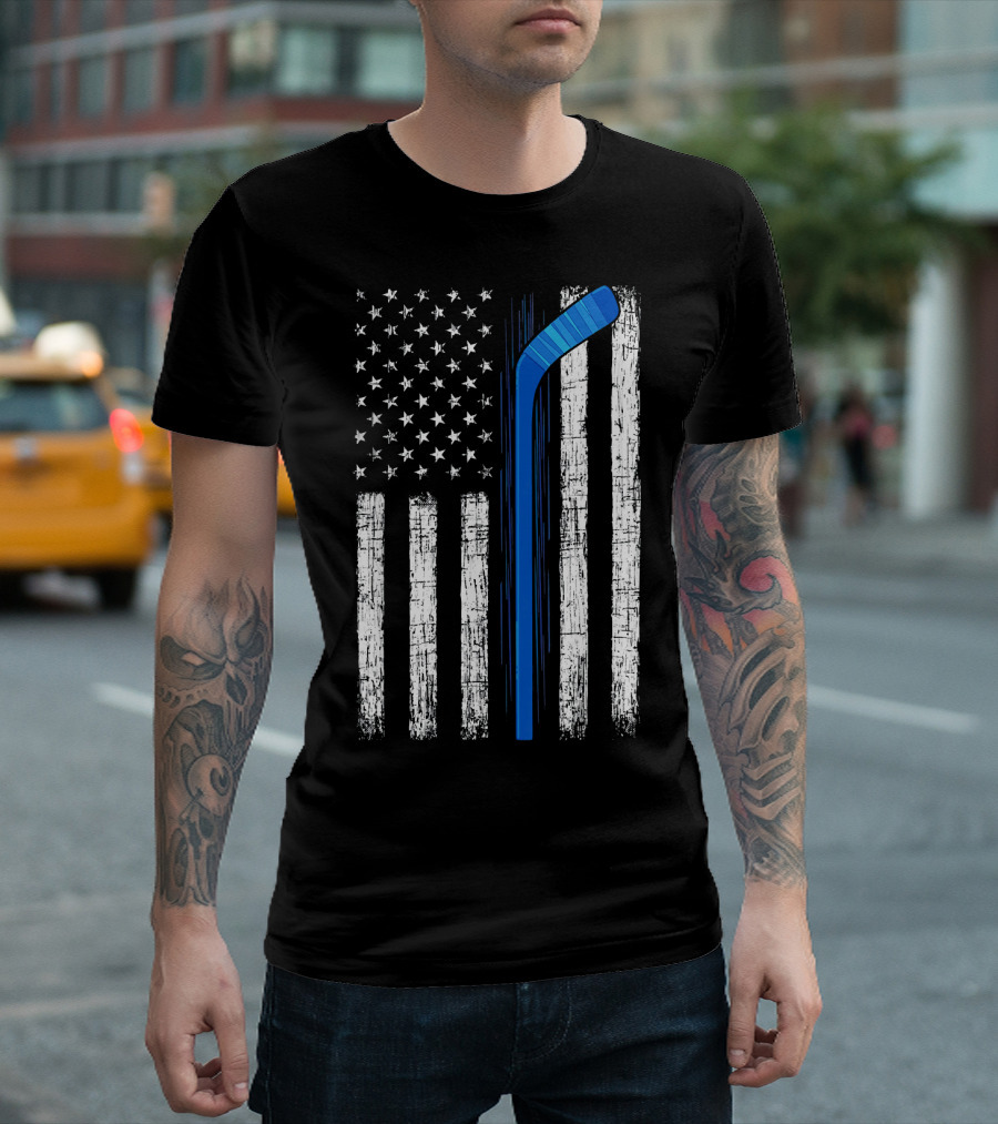 Thin Blue Line American Flag Hockey Stick USA T-Shirt