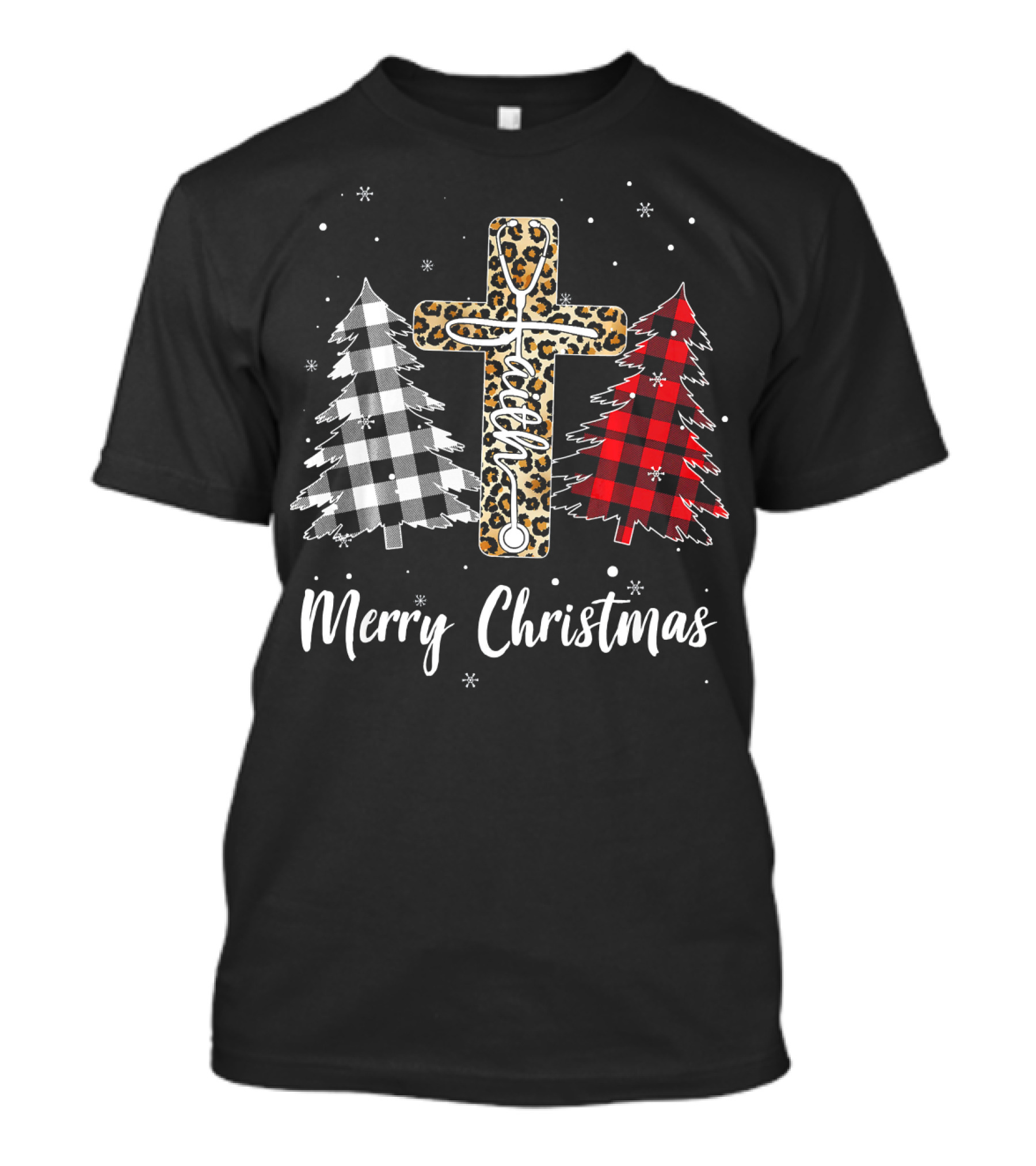 Merry Christmas Stethoscope Faith Buffalo Plaid Trees T-Shirt