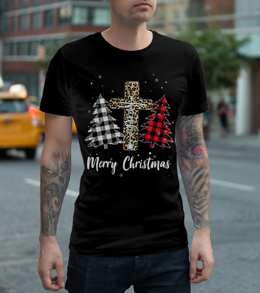 Merry Christmas Stethoscope Faith Buffalo Plaid Trees T-Shirt