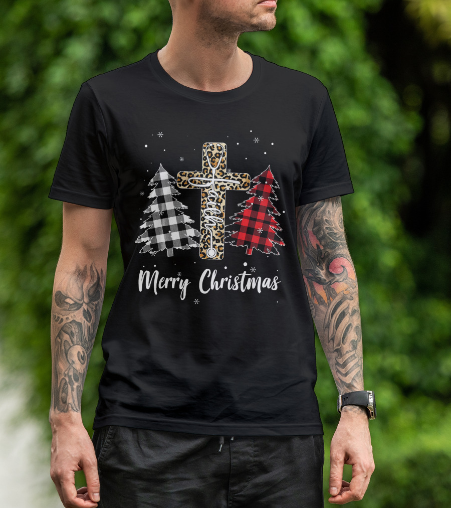 Merry Christmas Stethoscope Faith Buffalo Plaid Trees T-Shirt