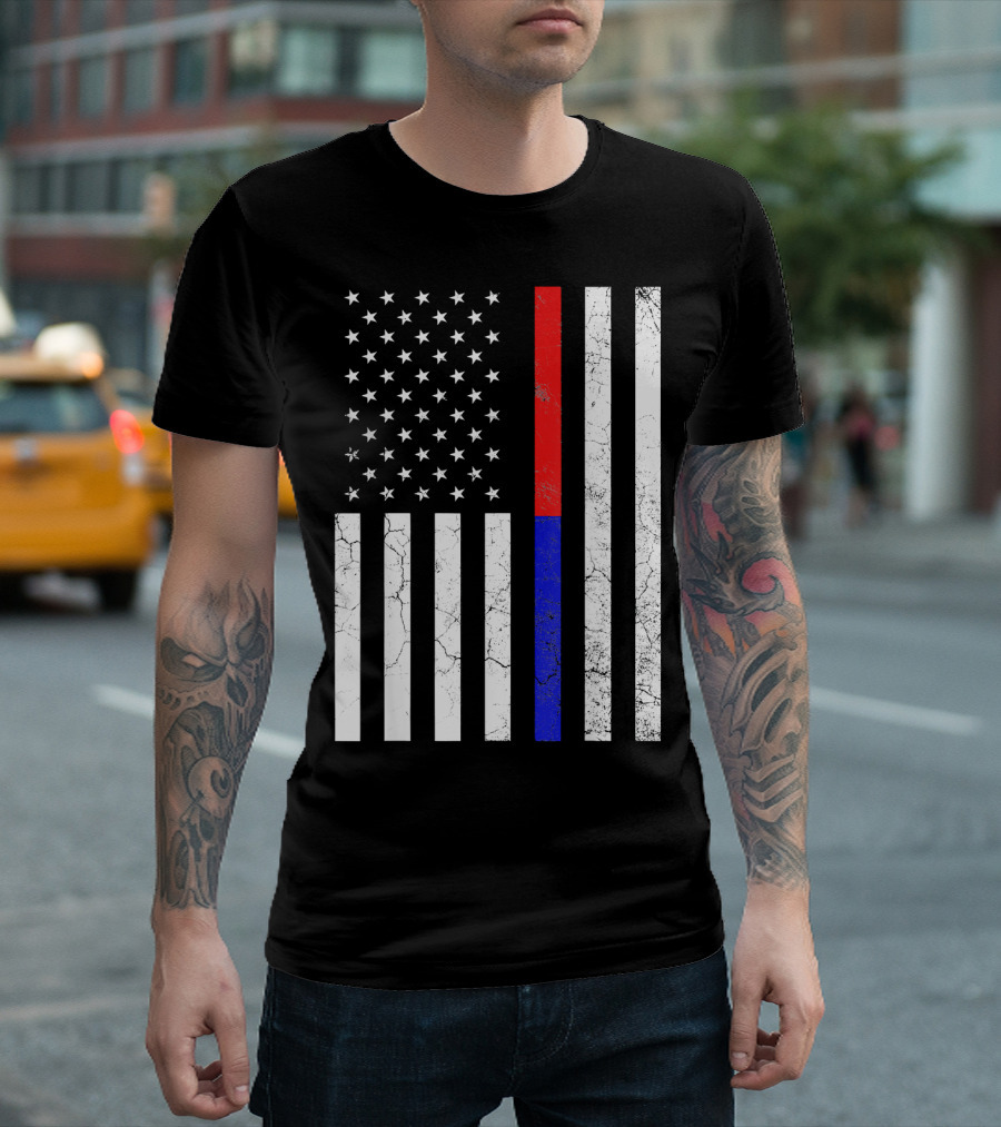 USA Flag Thin Red Blue Line Police Firefighter Unity T-Shirt