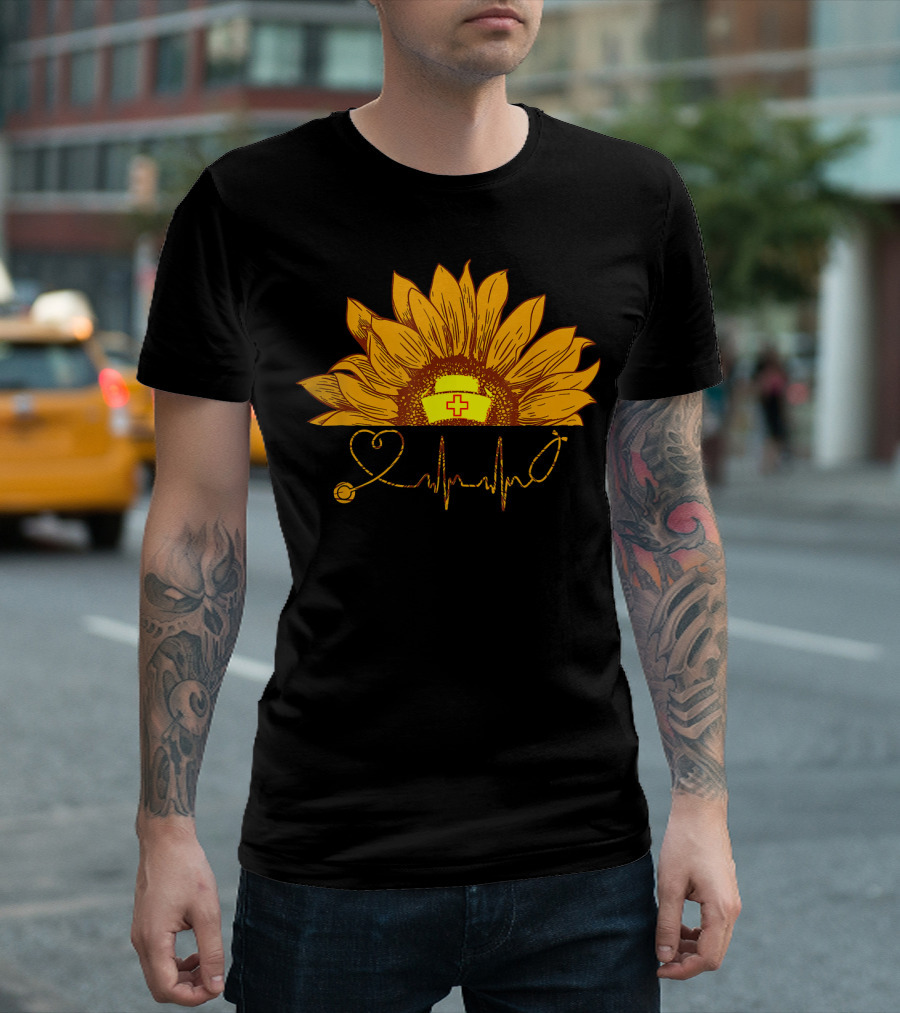 Sunflower Nurse Heartbeat Stethoscope Nursing Doctor T-Shirt