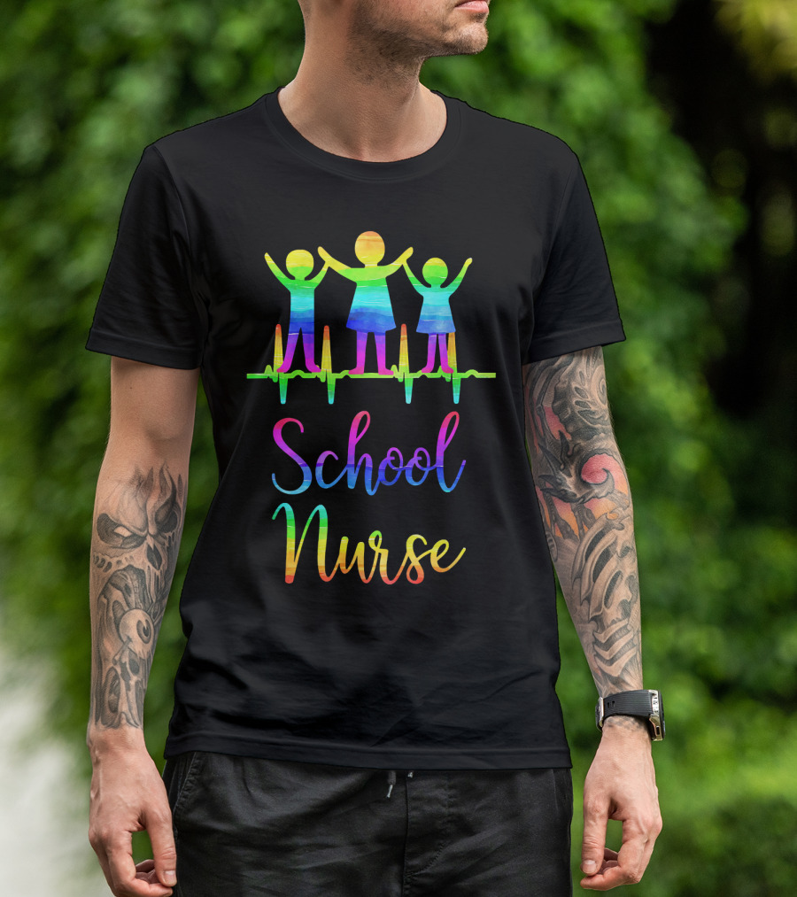 School Nurse Rainbow Heartbeat Medical Nursing T-Shirt