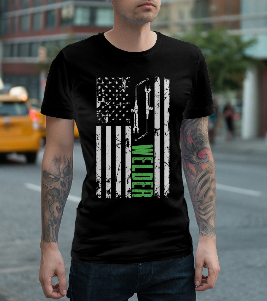 US Flag Welder Patriotic Design With Torch And Stars T-Shirt