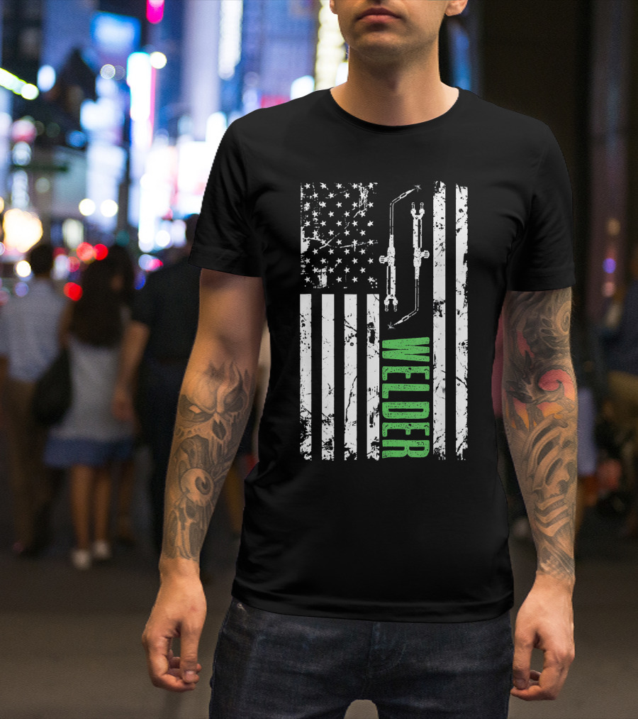 US Flag Welder Patriotic Design With Torch And Stars T-Shirt
