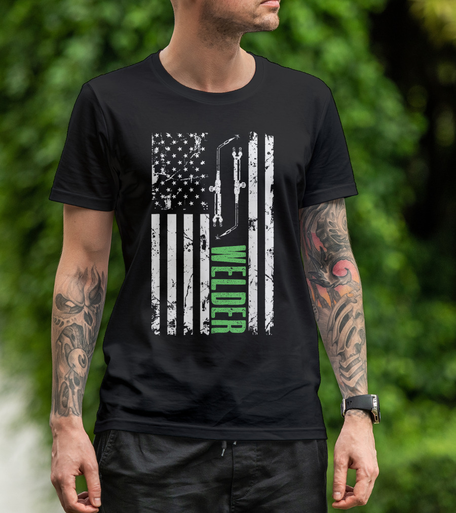 US Flag Welder Patriotic Design With Torch And Stars T-Shirt