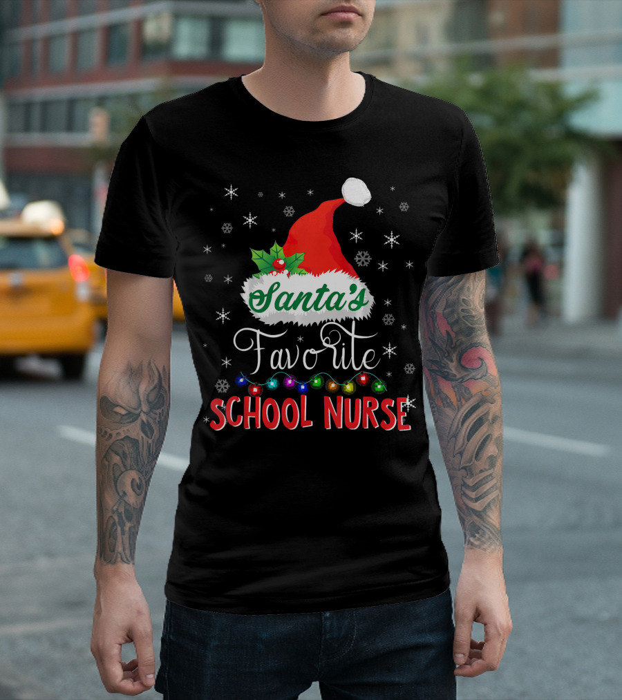 Santa's Favorite School Nurse Santa Hat Snowflakes And Colorful Christmas Lights T-Shirt