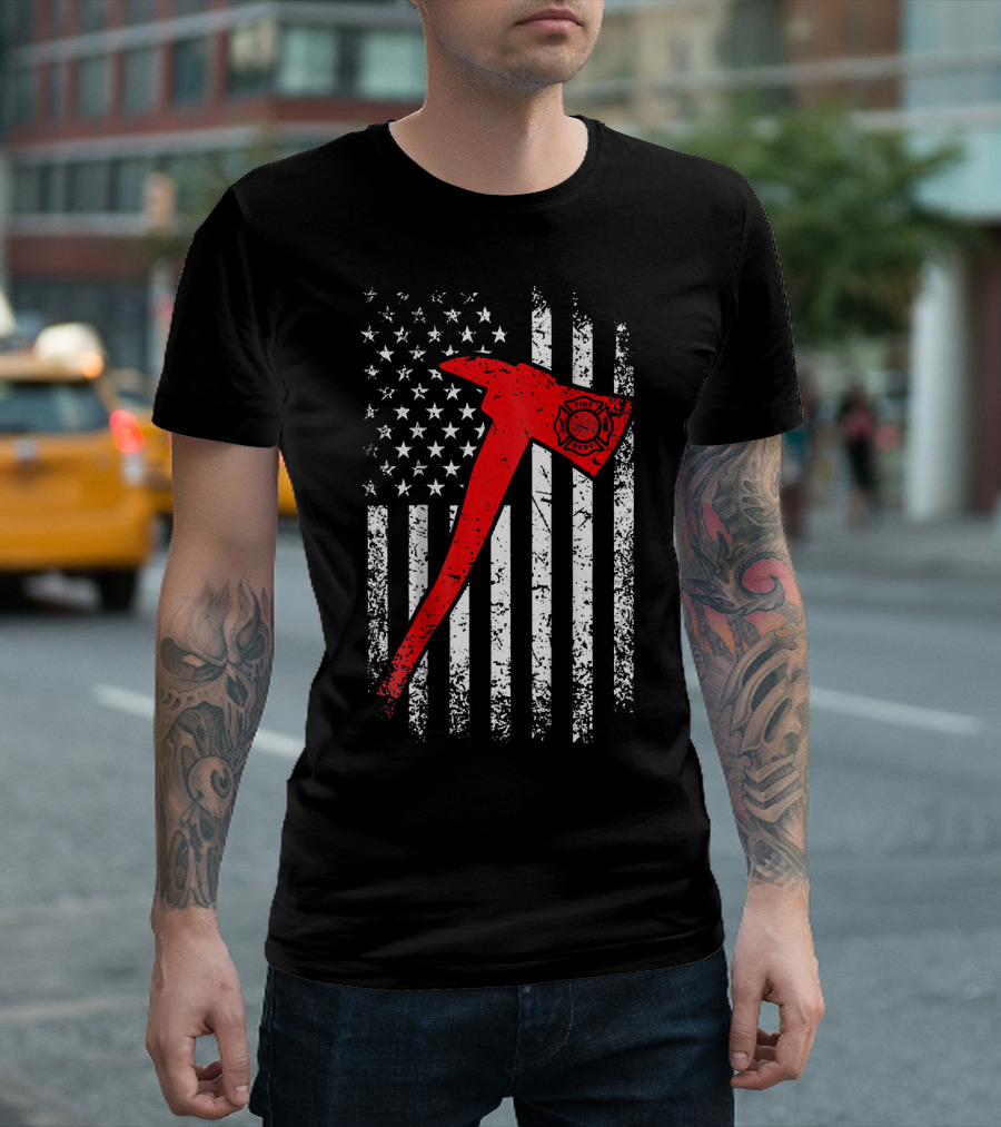 American Flag Firefighter Axe Thin Red Line T-Shirt