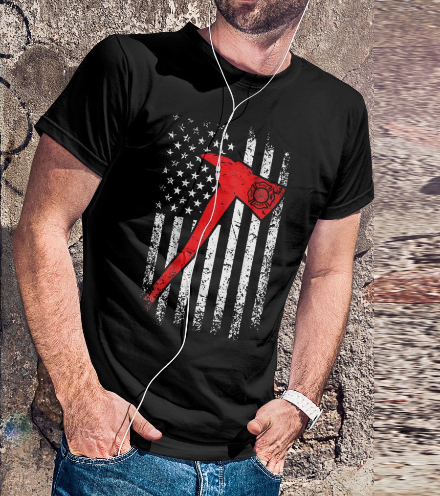 American Flag Firefighter Axe Thin Red Line T-Shirt