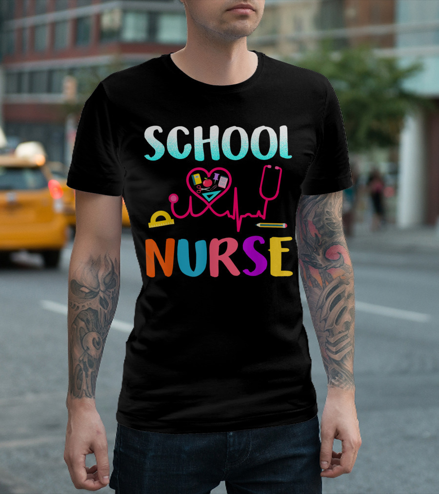 School Nurse Love Heartbeat Stethoscope And Stationery T-Shirt