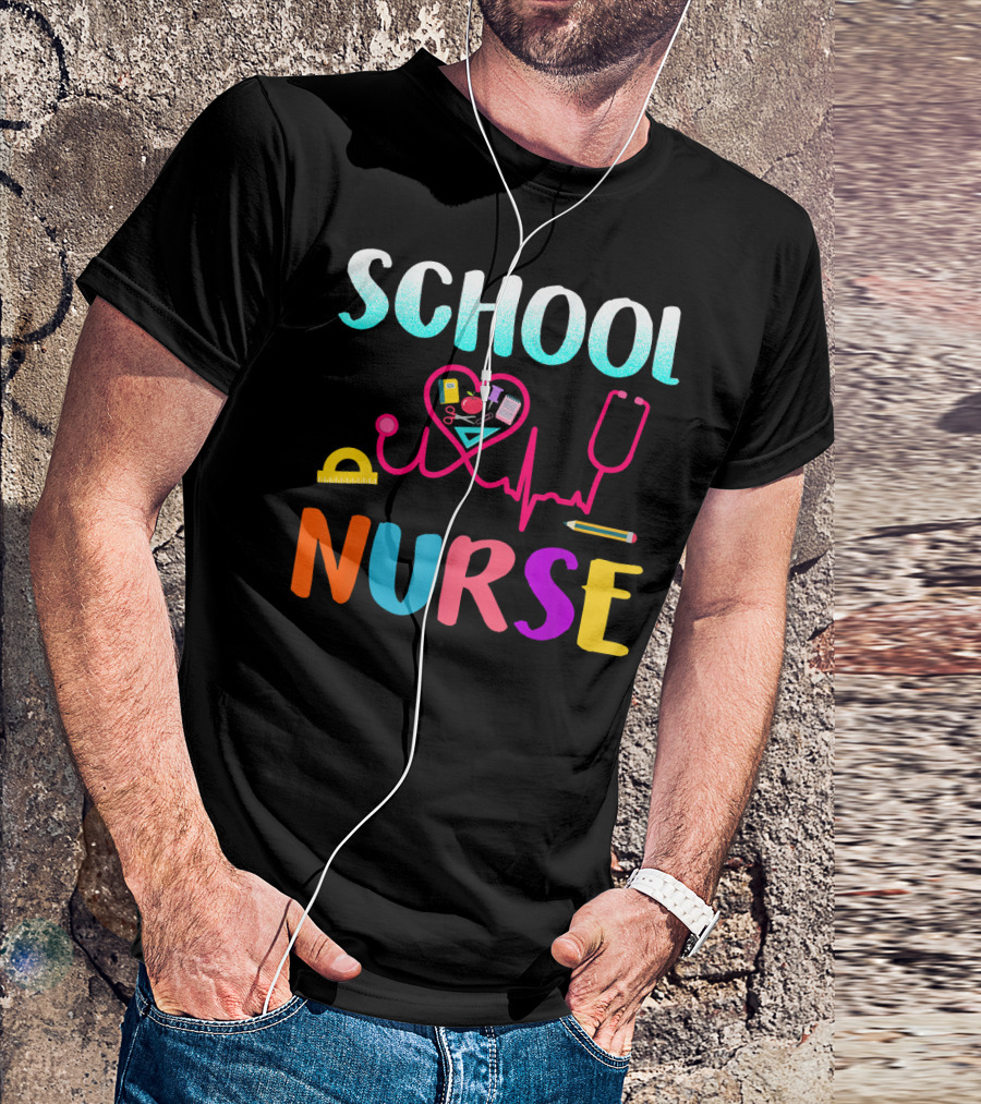 School Nurse Love Heartbeat Stethoscope And Stationery T-Shirt