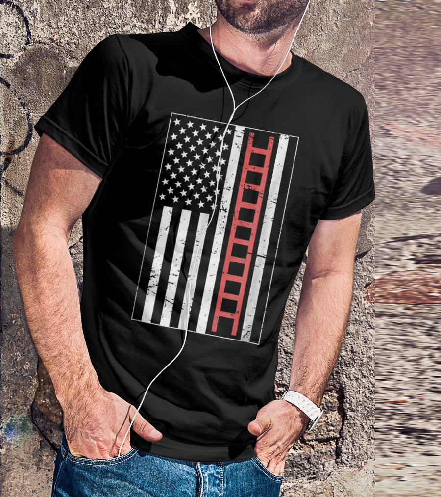 United States Flag Firefighter Ladder Red Thin Line T-Shirt