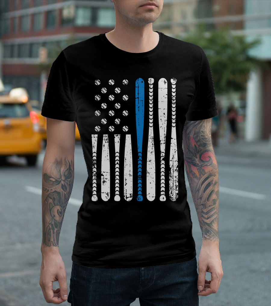 Thin Blue Line Baseball Bats USA Flag Police Support T-Shirt
