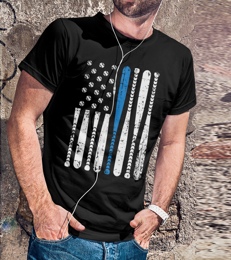 Thin Blue Line Baseball Bats USA Flag Police Support T-Shirt
