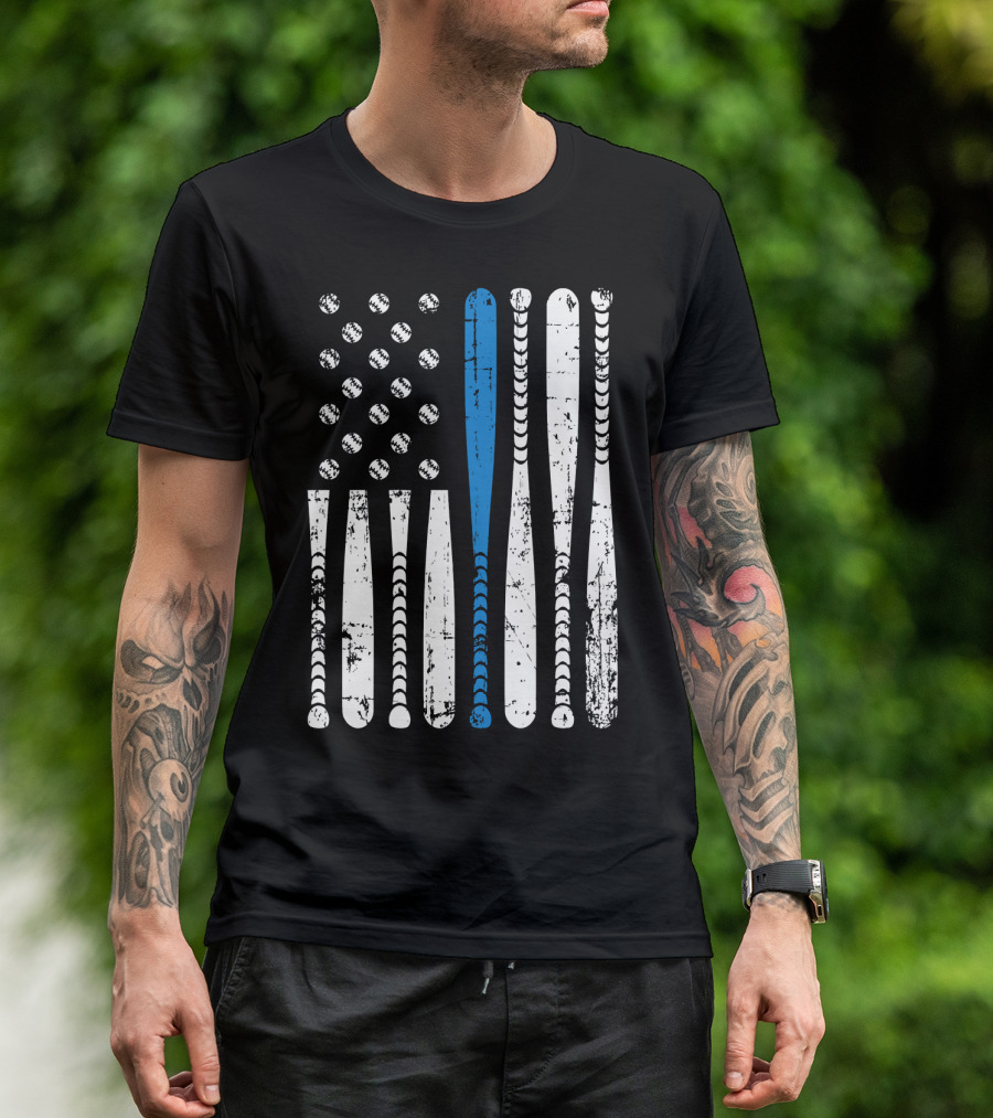 Thin Blue Line Baseball Bats USA Flag Police Support T-Shirt