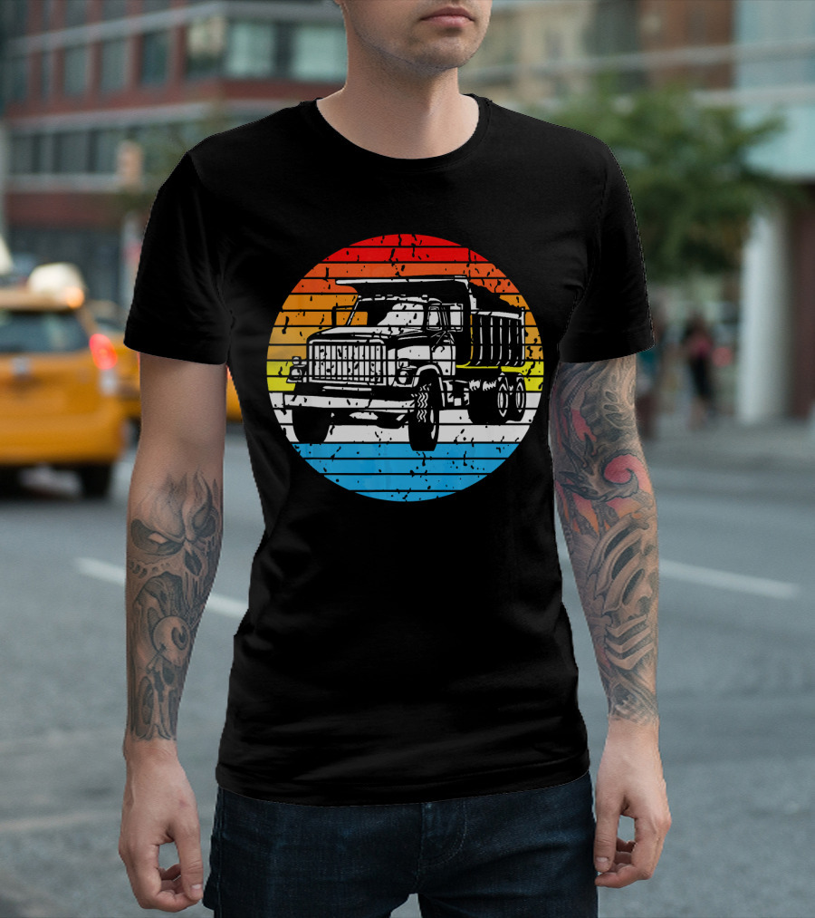 Trucker Truck Driver Retro Rainbow Stripe Dump Truck T-Shirt