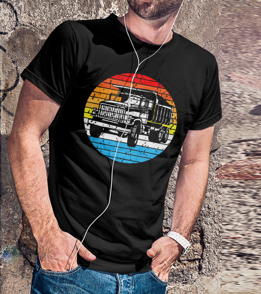 Trucker Truck Driver Retro Rainbow Stripe Dump Truck T-Shirt