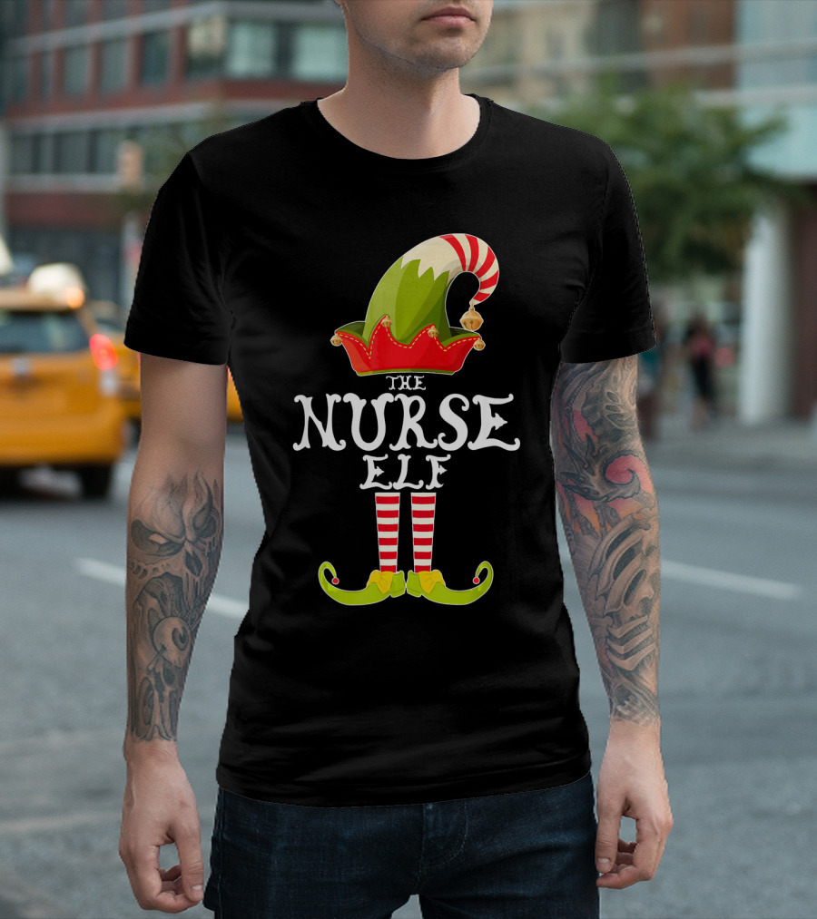 The Nurse Elf Christmas Funny Match Elf Hat and Striped Legs T-Shirt