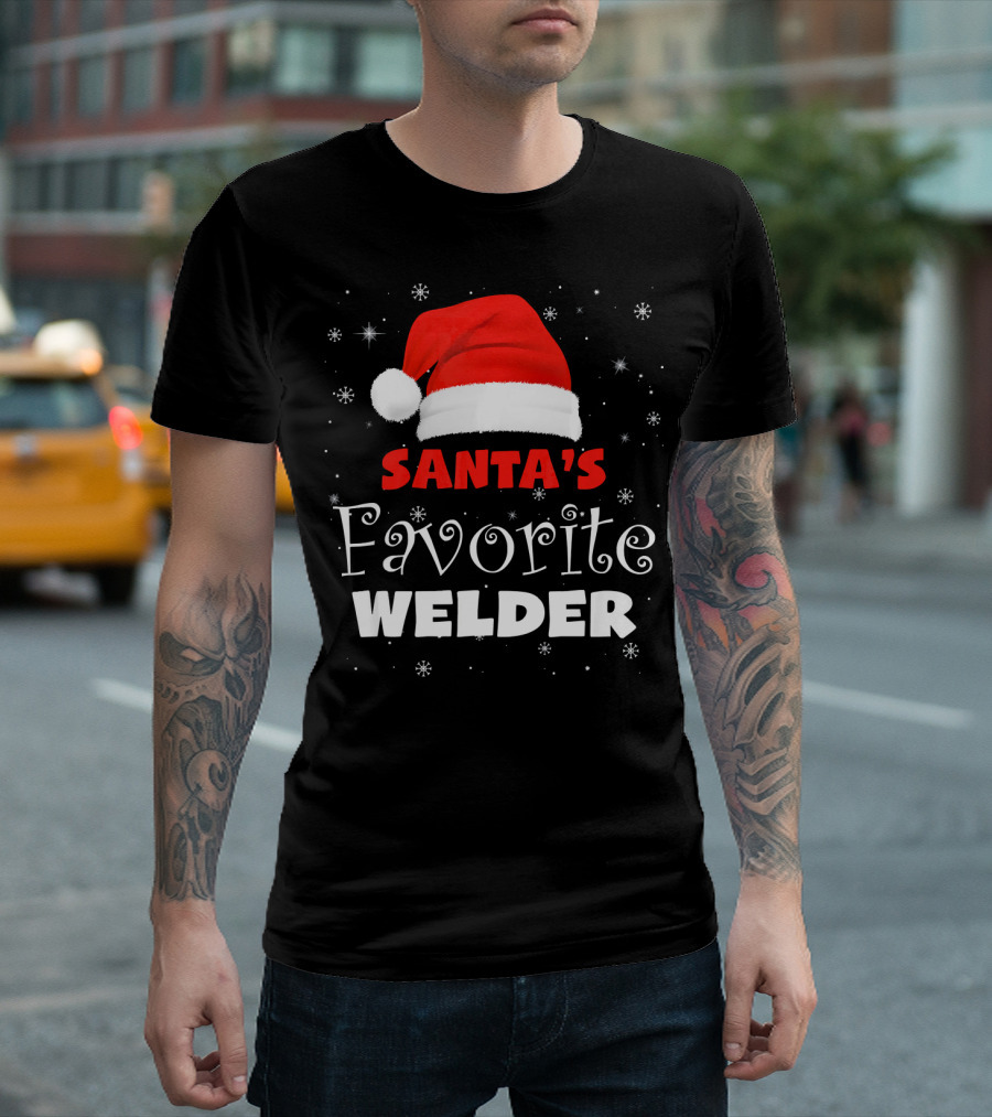 Santa's Favorite Welder Xmas Santa Hat Snowflakes T-Shirt