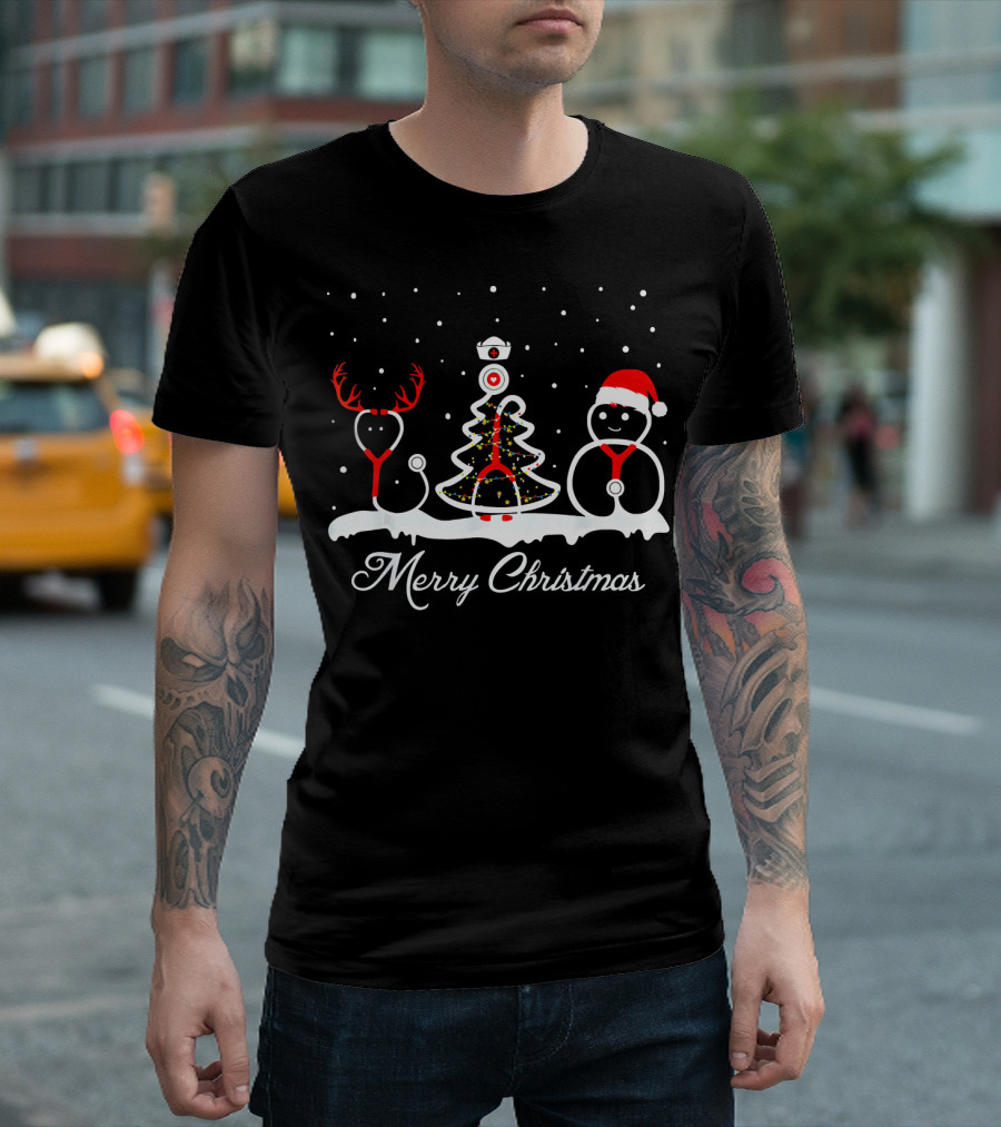Merry Christmas Stethoscope Reindeer Horn Xmas Tree Snowman Snow T-Shirt