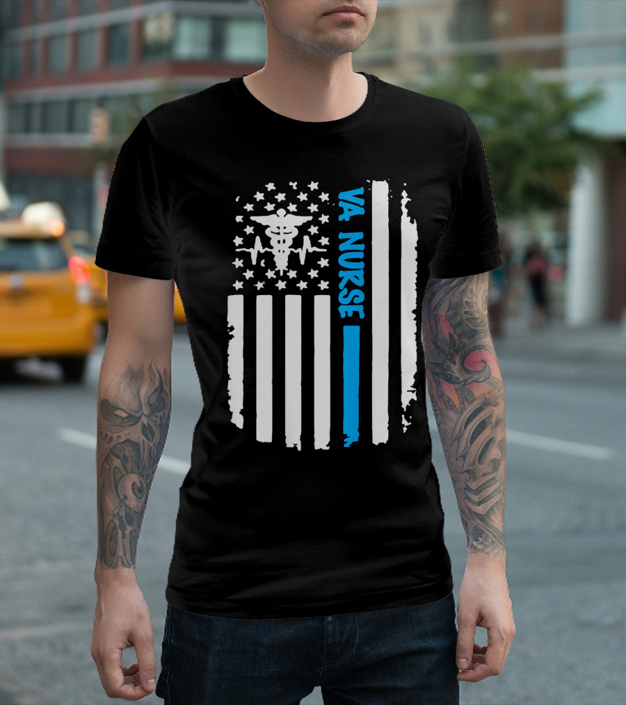 VA Nurse Distressed American Flag Caduceus Bold Blue Line T-Shirt