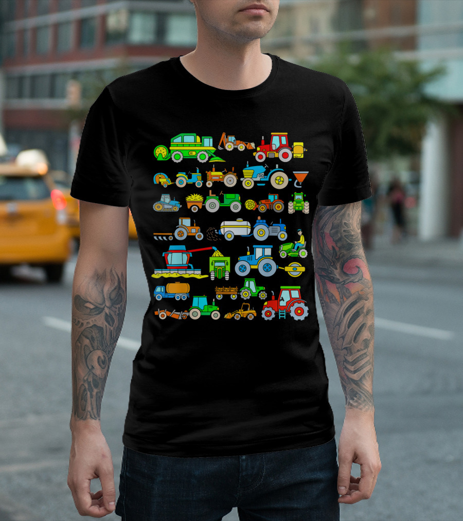 Youth Colorful Tractor Farm Vehicles Collection T-Shirt