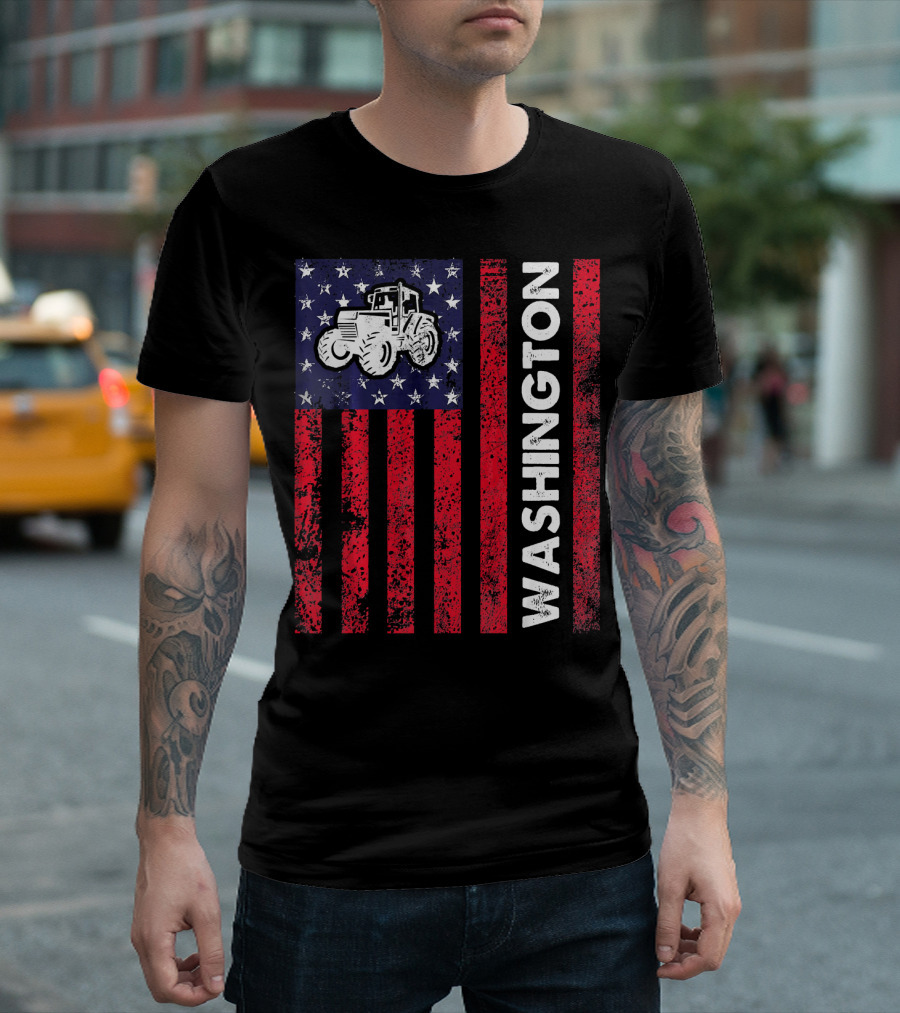 Washington Farmer Tractor USA Flag Patriotic Wit T-Shirt