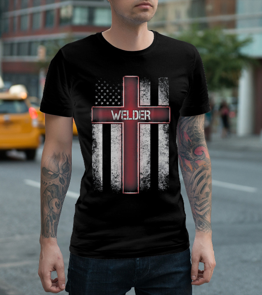Welder American Flag Cross Patriotic T-Shirt