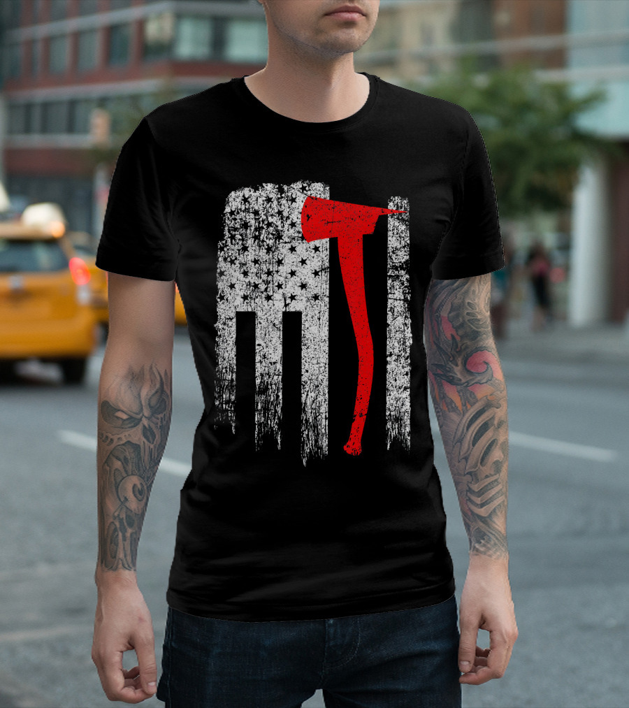 Vintage USA Firefighter American Flag Axe Red White Stars Stripes T-Shirt