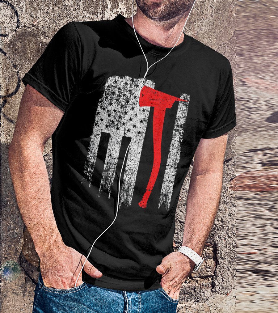Vintage USA Firefighter American Flag Axe Red White Stars Stripes T-Shirt