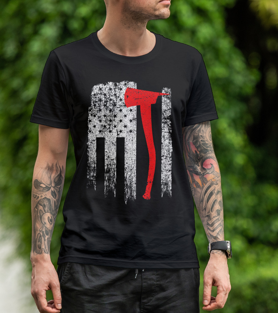 Vintage USA Firefighter American Flag Axe Red White Stars Stripes T-Shirt