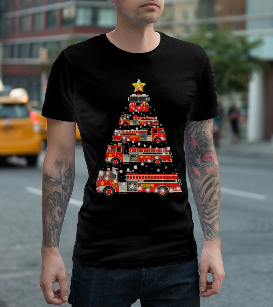 Xmas Tree Fire Engine Firefighter Trucks Snowflakes Star T-Shirt