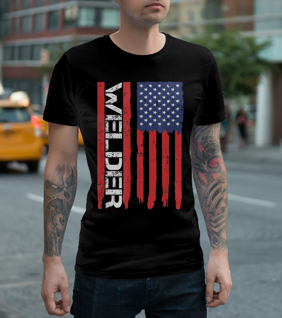 Welder Vertical Grunge American Flag T-Shirt