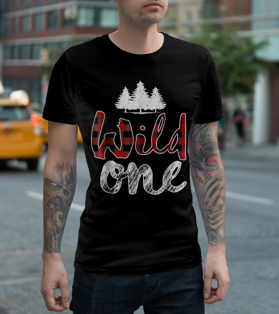 Wild One Buffalo Plaid Birthday with Pine Trees T-Shirt