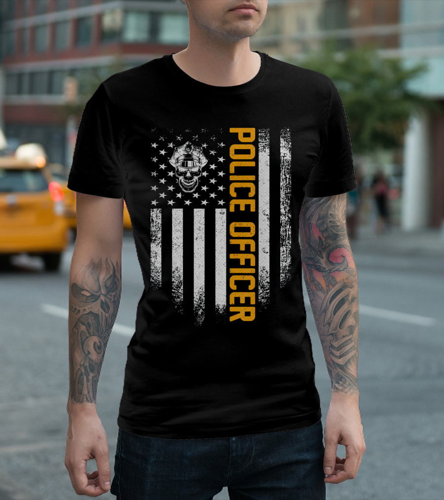Police Officer Skull Vintage American Flag T-Shirt