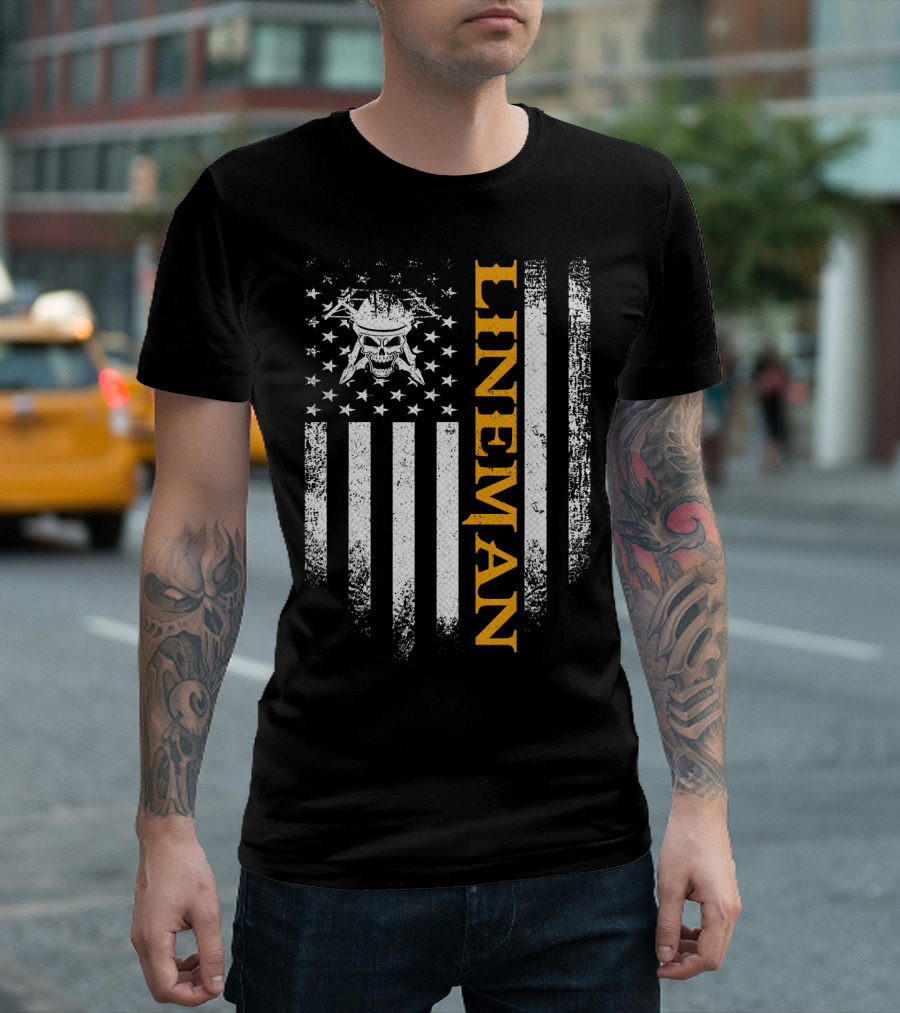 Lineman Skull American Flag Vintage USA Patriotic T-Shirt