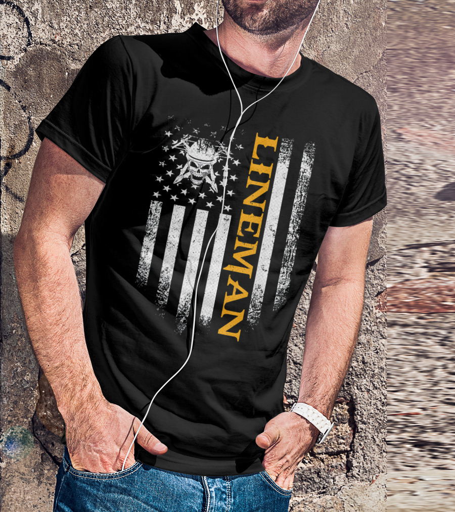 Lineman Skull American Flag Vintage USA Patriotic T-Shirt