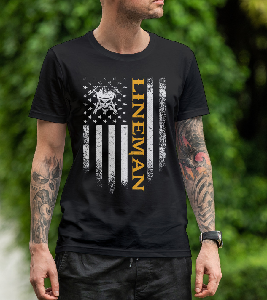 Lineman Skull American Flag Vintage USA Patriotic T-Shirt