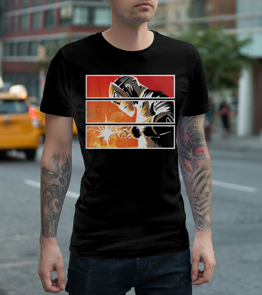 Welder For Christmas Welding Illustration With Spark And Mask In Triptych T-Shirt