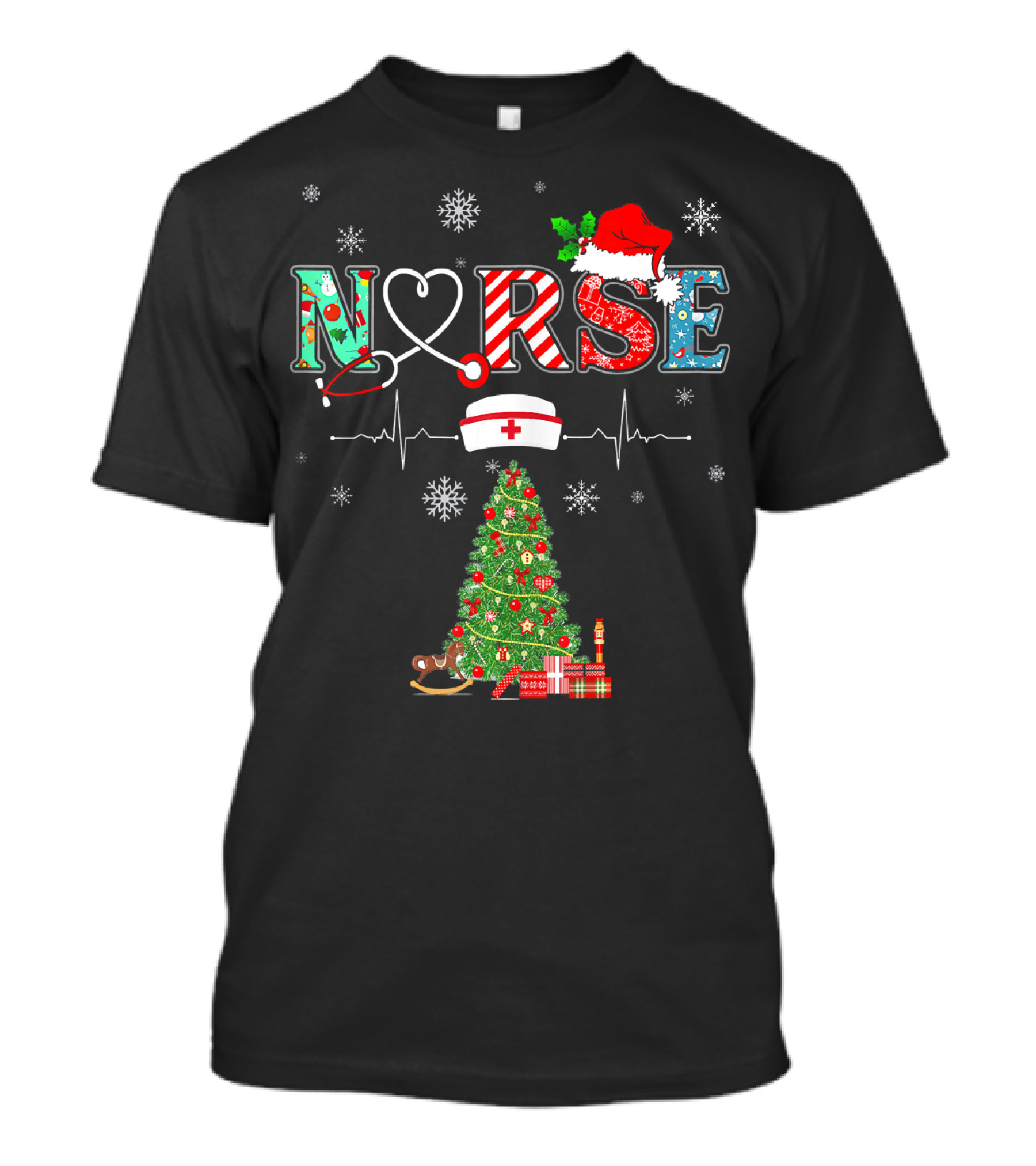 Nurse Christmas Stethoscope Heartbeat Tree Snowflakes Santa Hat T-Shirt