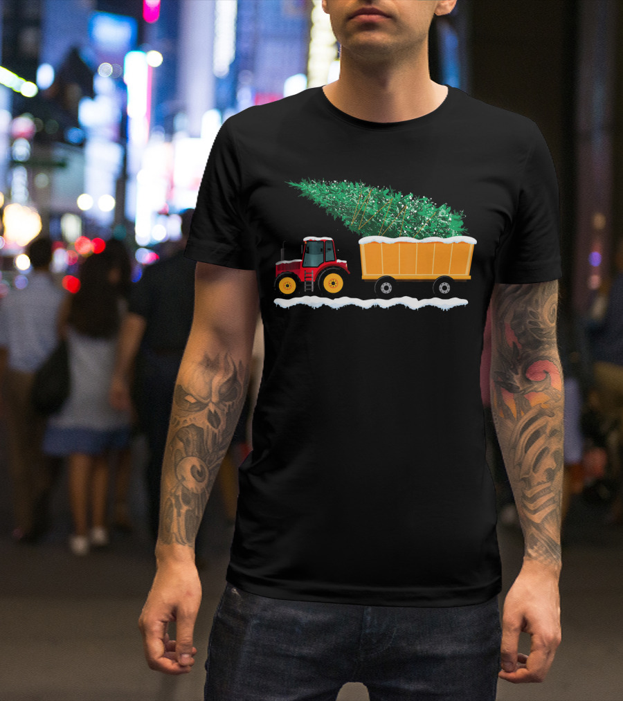Vintage Tractor Hauling Big Christmas Tree Wagon T-Shirt