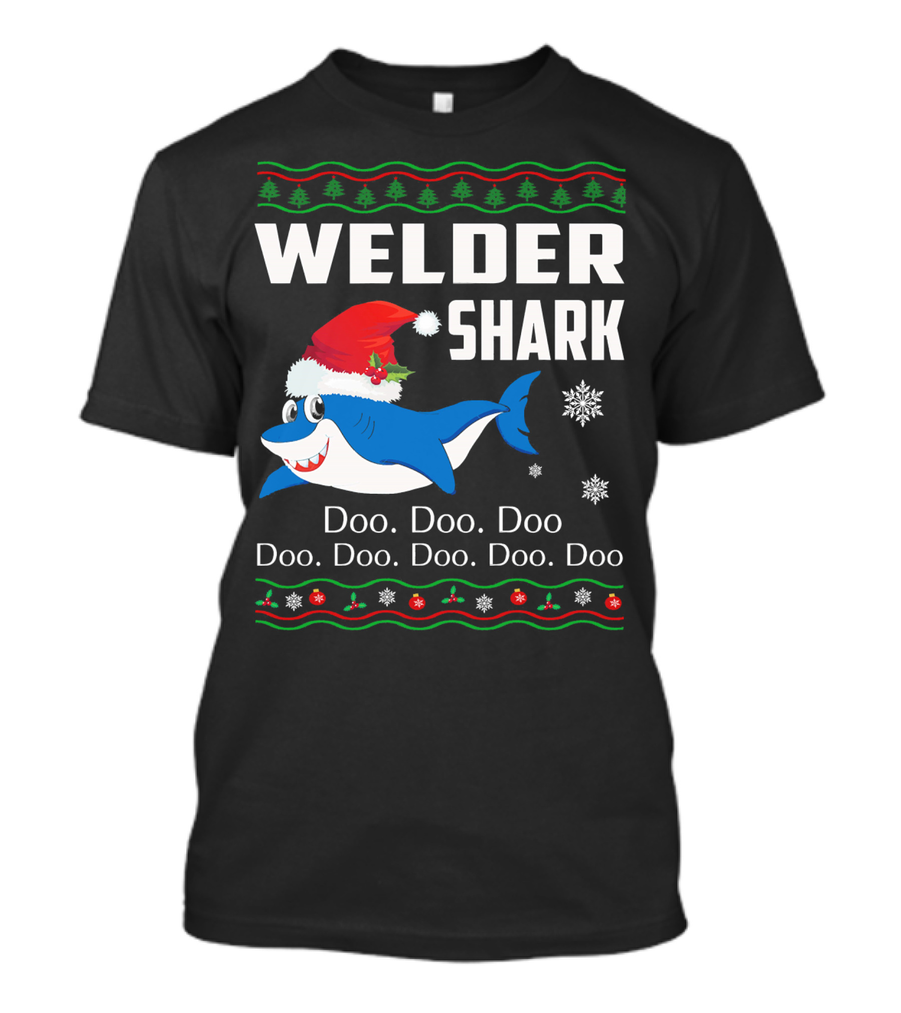 WELDER SHARK Doo Doo Doo Christmas Santa Hat Snowflakes T-Shirt
