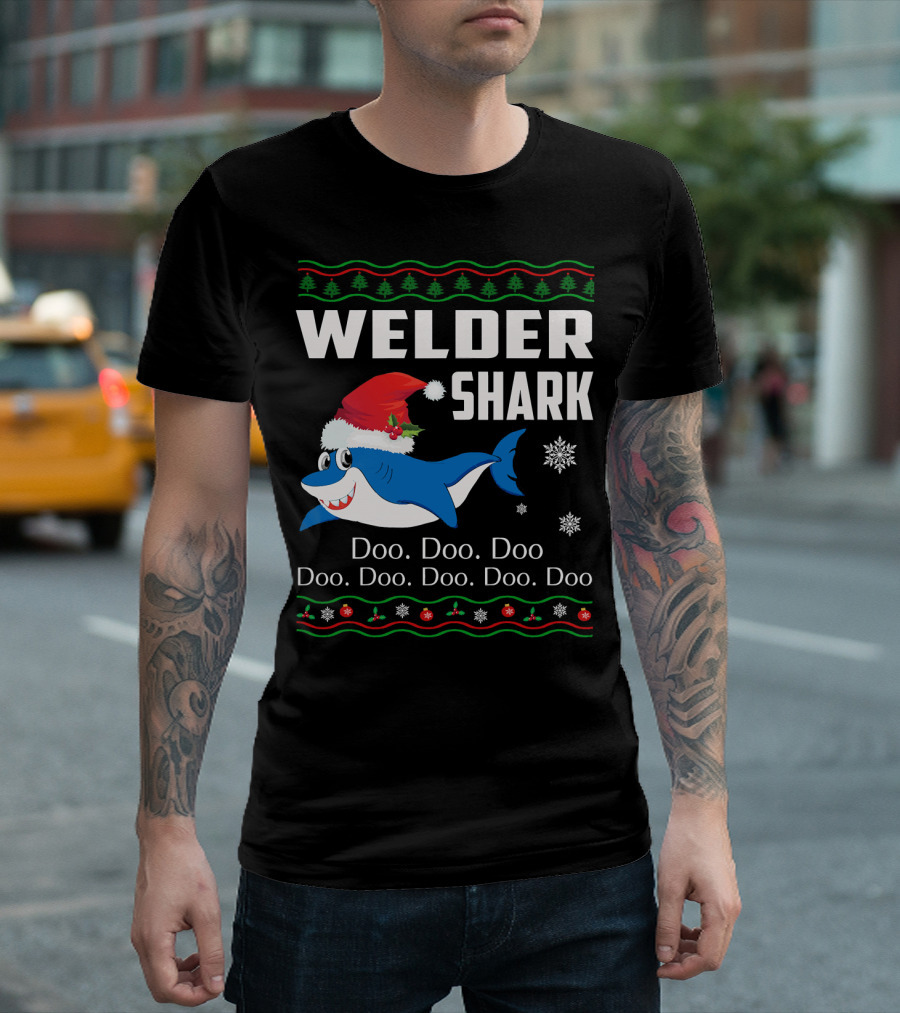 WELDER SHARK Doo Doo Doo Christmas Santa Hat Snowflakes T-Shirt